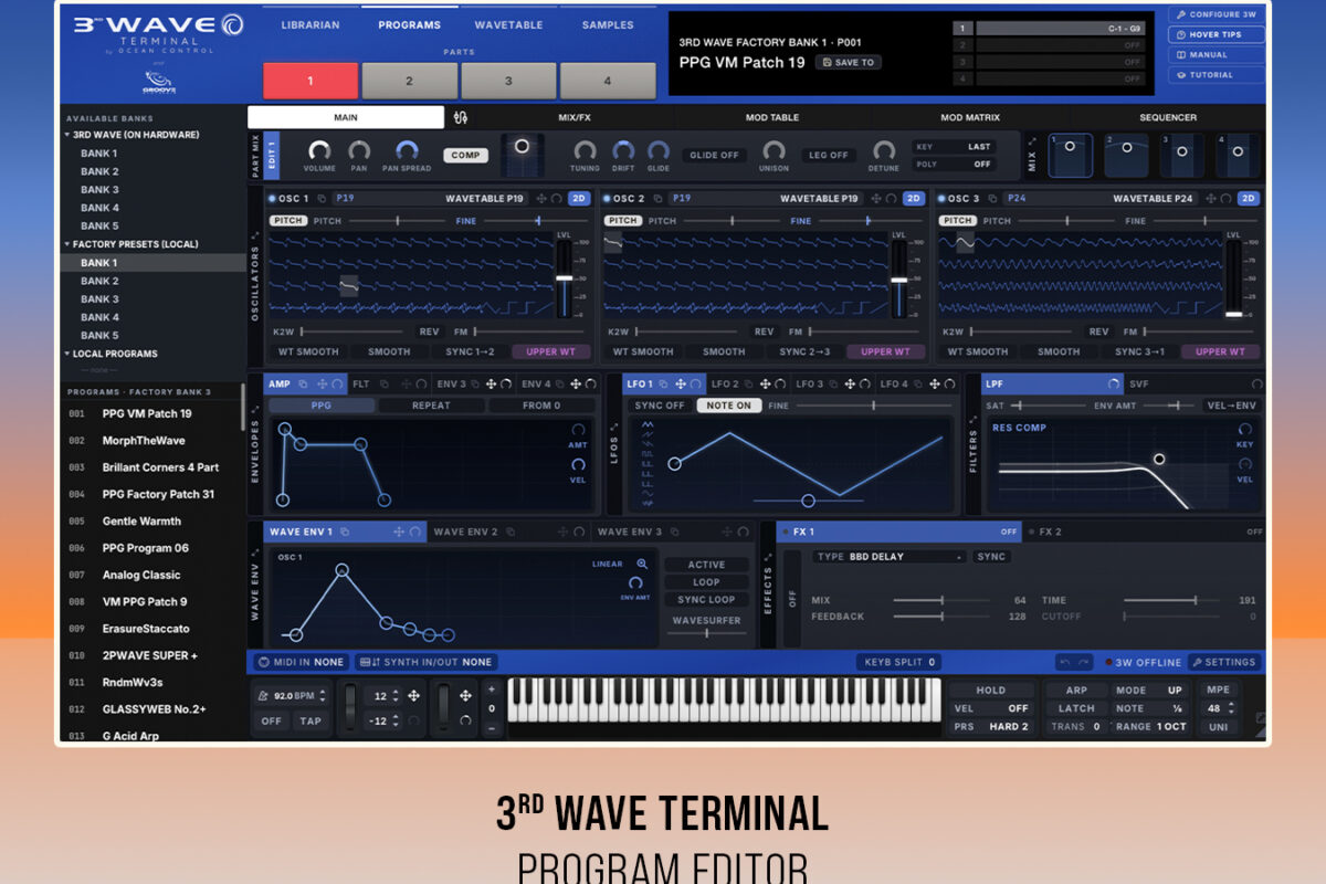 3rd Wave Terminal program editor window: bank list on the left, three wavetable oscillators at the top, envelopes, LFOs, filters and effects below, a virtual keyboard at the bottom