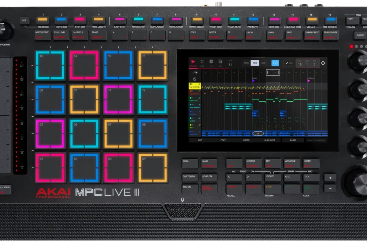 Top view of the Akai MPC Live III: 16 colored pads, touchscreen showing a sequencer, buttons and encoders