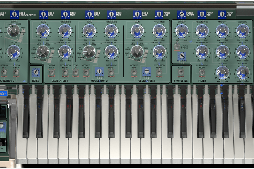 Interface du plugin Pentaphonic de Cherry Audio, façade noire inspirée du synthé Gleeman d’origine