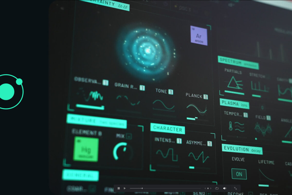 Interface de COLAPSO aux tons vert d’eau : sphère lumineuse de l’atome, case de l’argon, sections Spectrum, Plasma, Character et Evolution