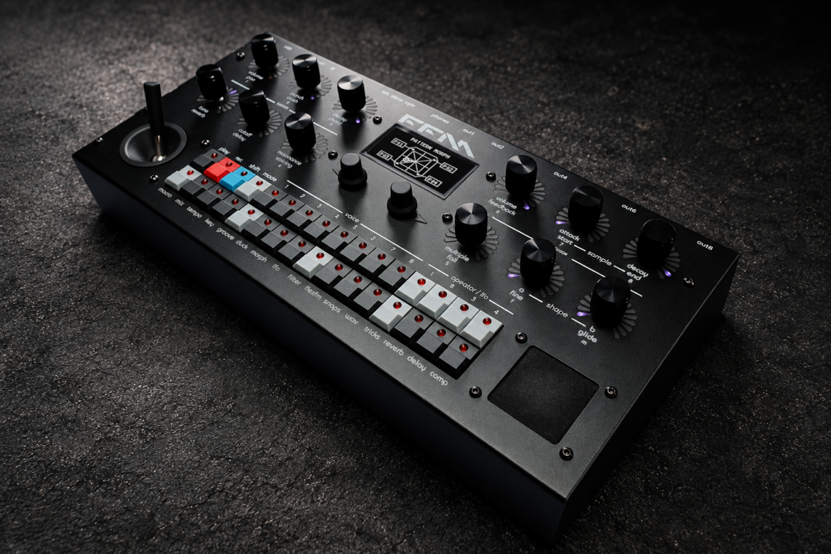 The black FLEXFM groovebox seen at three-quarter angle: joystick on the left, rows of sequencer keys, central OLED screen and LED-ringed knobs