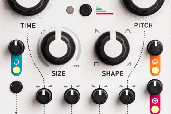 White front panel of the Beads module: FREEZE and SEED buttons, large DENSITY, TIME and PITCH knobs, SIZE and SHAPE knobs, rows of jacks