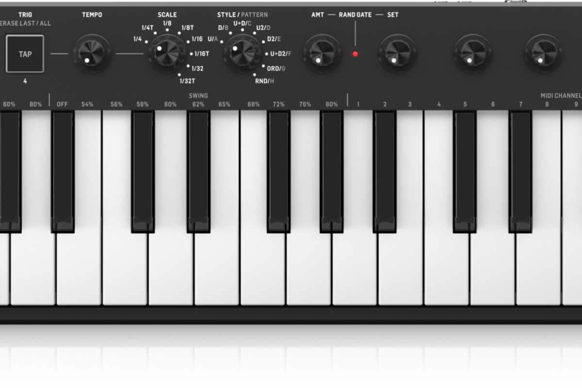 Top view of the Behringer JAM controller keyboard, with its 32 keys and four encoders