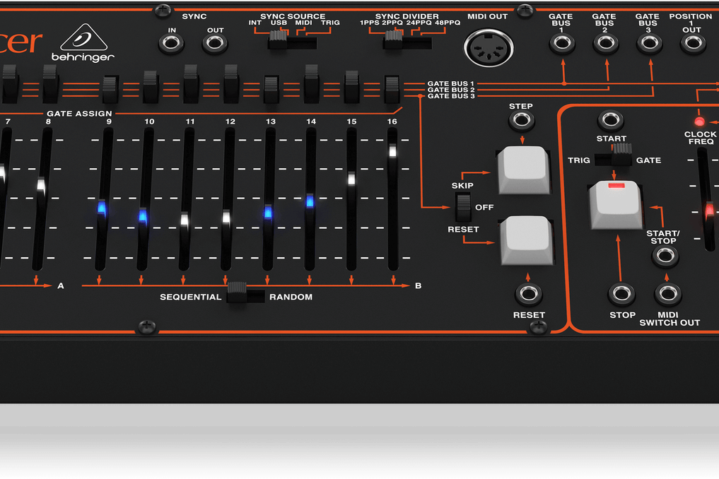 The Behringer 1601 sequencer seen from the front at a slight angle, two rows of backlit sliders and step switches
