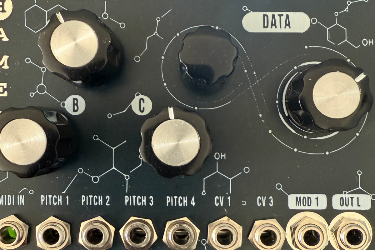 Black front panel of the Hampshire Electronics Apollo module, with its knobs, DATA encoder and a row of MIDI IN, PITCH 1 to 4, CV and OUT L jacks