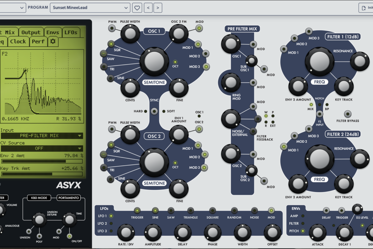 The ASYX interface: a green LCD-style screen on the left showing both filter curves, and on the right the oscillator, pre- and post-filter mixer, 12 dB and 24 dB filter, LFO and envelope sections.
