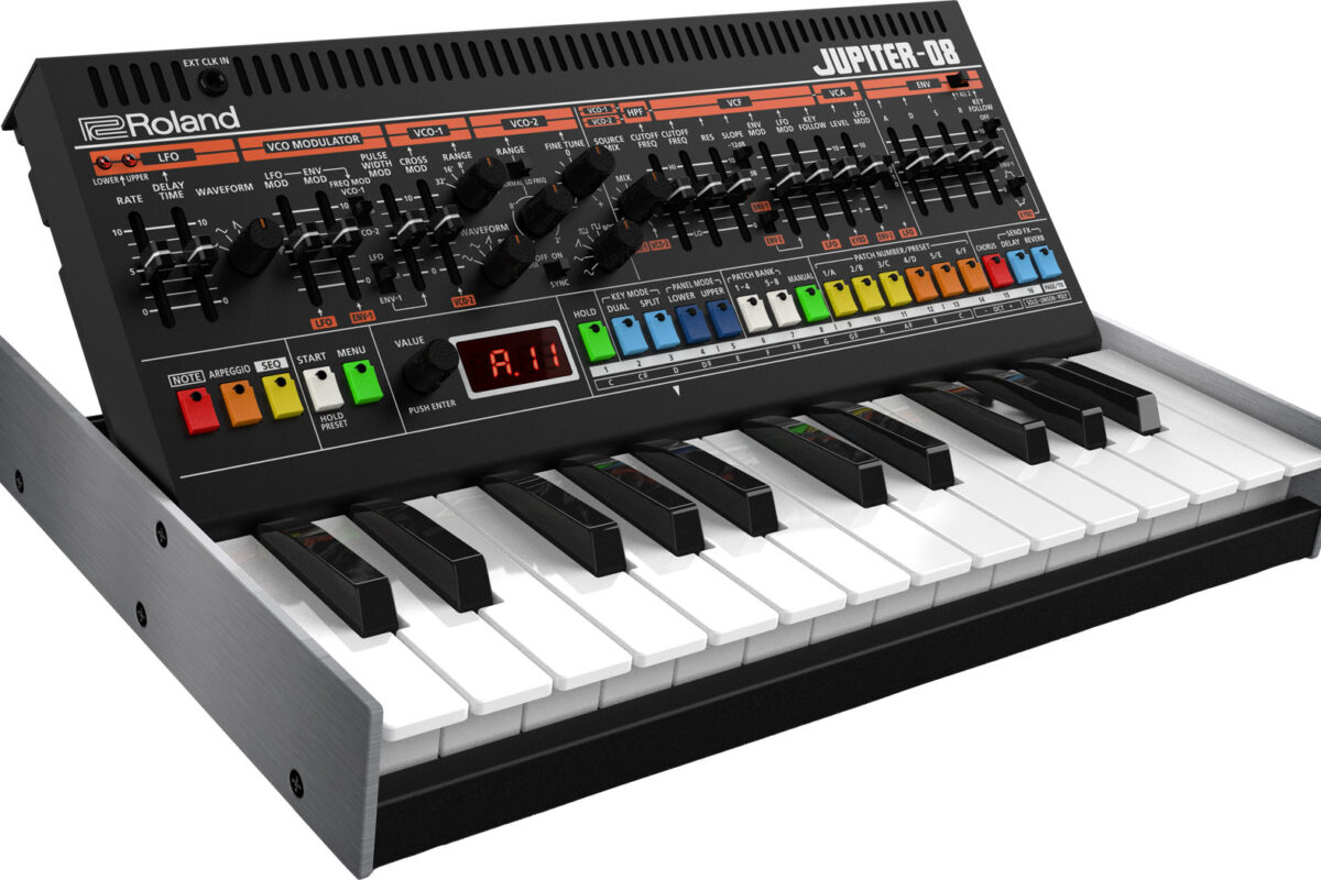Roland JUPITER-08 in its 25-key K-25m keyboard dock, black panel with sliders and colored buttons