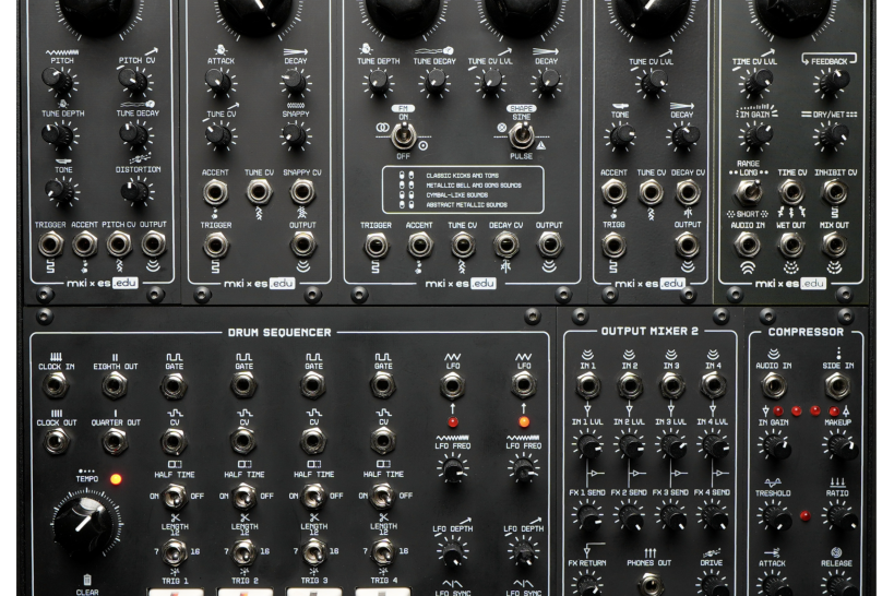 The eight black Konstrukt-8 modules: kick, snare, FM drum, hi-hat and BBD on top, four-channel sequencer, mixer and compressor below
