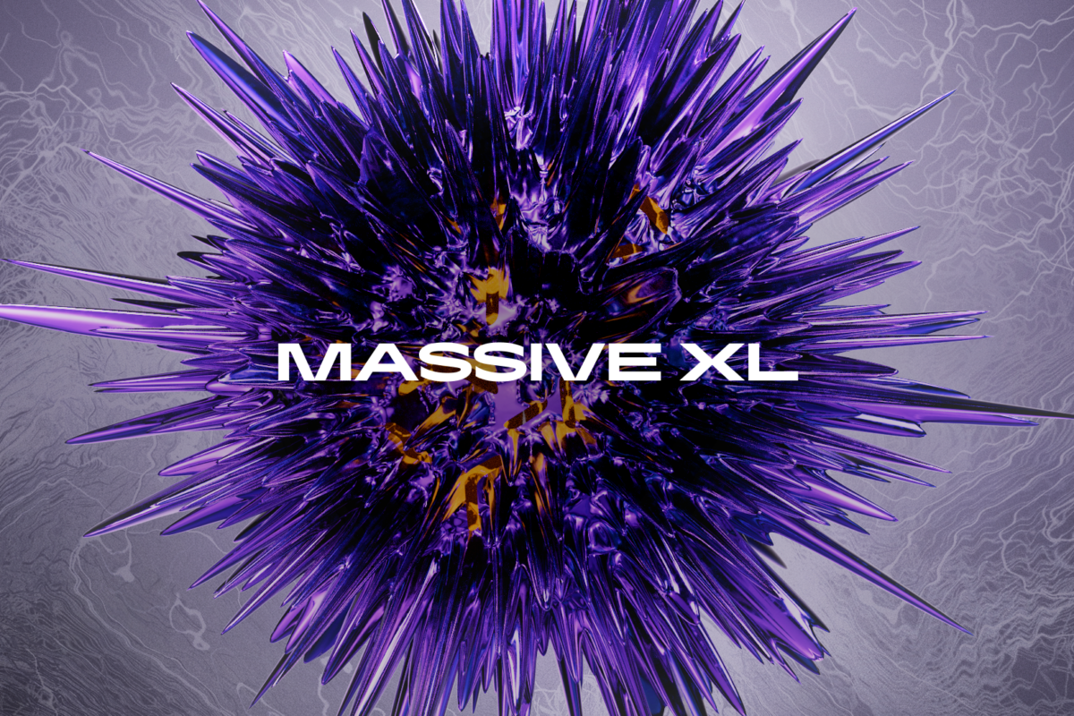 Official Massive XL key visual: the product name in white letters at the centre of a spiky purple shape on a grey marbled background