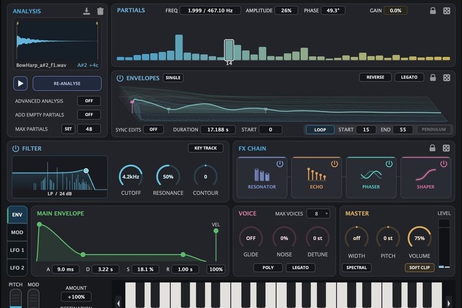 Materia interface: analysed waveform, partial bars, layered envelopes, low-pass filter, four-slot effects chain and on-screen keyboard