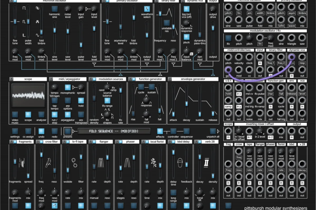 Interface du plugin Microvolt 3901 : façade de semi-modulaire avec oscillateurs, filtre, modulateurs, baie de patch et câbles virtuels