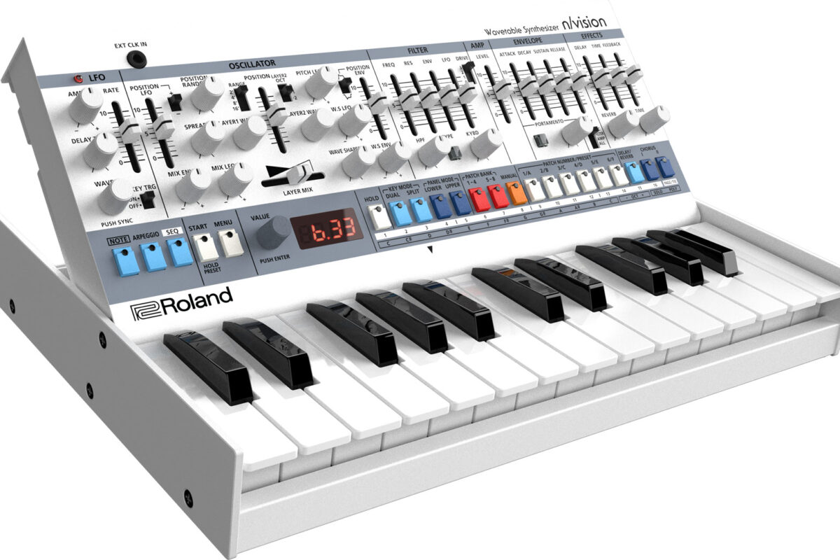 White Roland n/vision in its K-25m keyboard dock, slider panel with oscillator, filter, envelope and effects sections