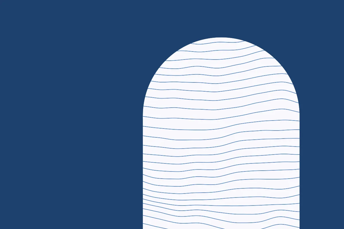 Illustration abstraite : arche blanche striée de fines lignes ondulées bleues sur fond bleu nuit