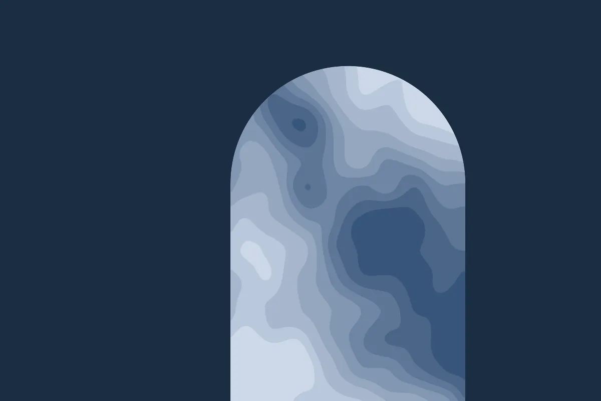 Abstract illustration: an arch filled with blue-grey contour shapes on a dark navy background