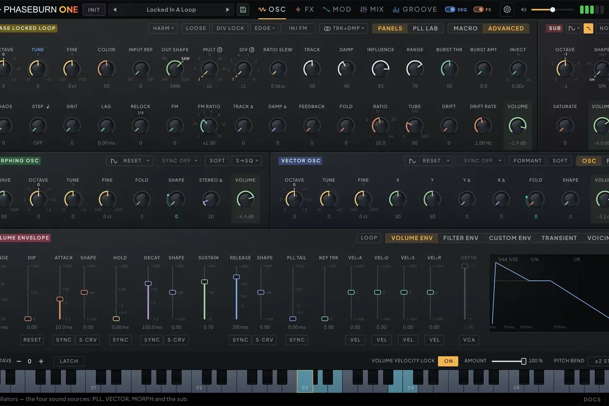 Phaseburn One interface, OSC tab: rows of knobs in the Phase Locked Loop section, Morphing and Vector oscillators, volume envelope and on-screen keyboard