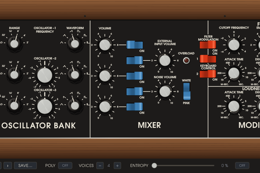 The CA-72 plugin panel, a replica of the Minimoog Model D front panel with oscillators, mixer and filter