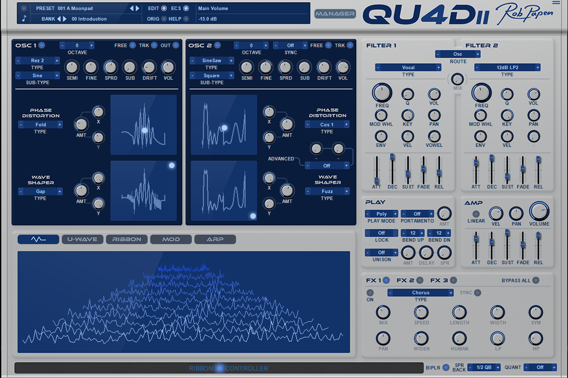 QUAD-2 plugin interface: two oscillators with phase distortion and waveshaper XY pads, two filters, envelopes and a 3D waveform display