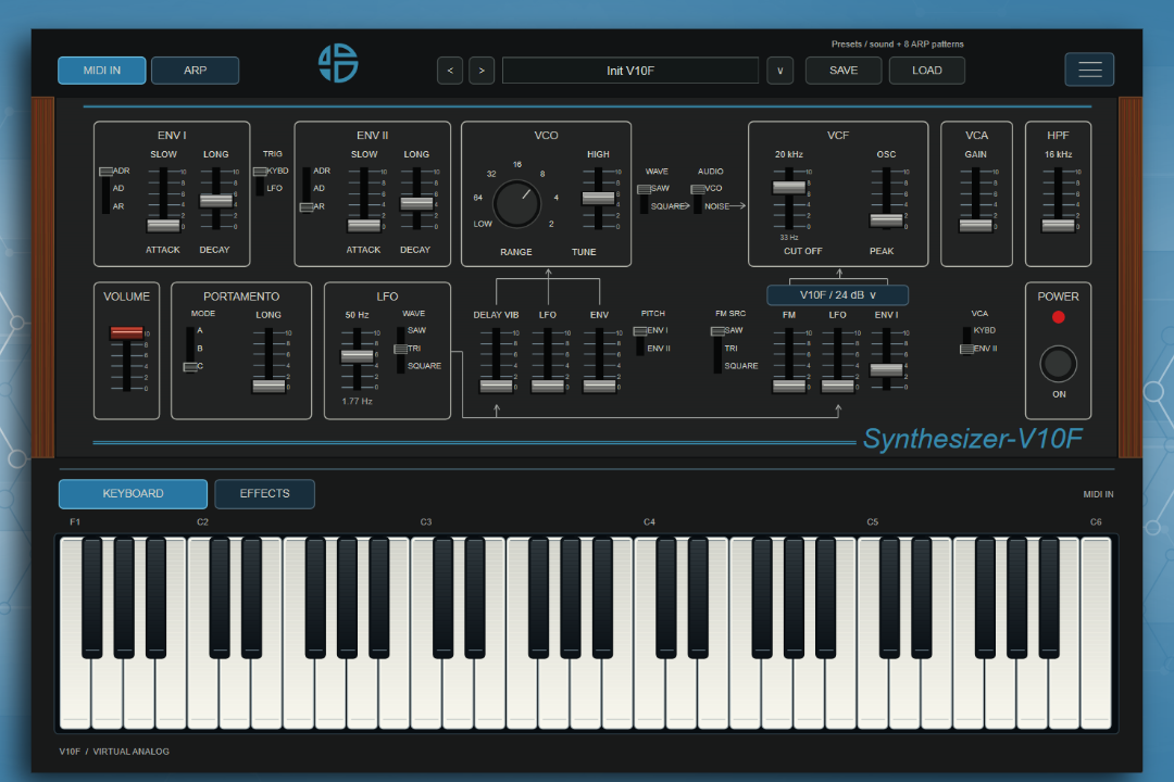V10F artwork: the plugin interface with envelope, VCO, VCF and VCA sliders above an on-screen keyboard, under the title Synthesizer V10F on a blue background