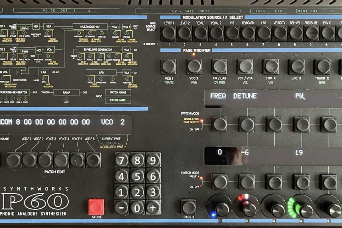 Front view of the ACME XP60 panel: module block diagram on the left, a row of modulation buttons, two displays and six illuminated encoders on the right